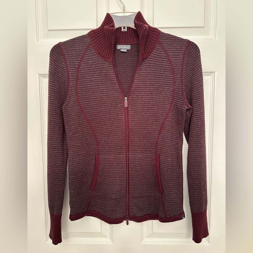 Eddie Bauer Women's Burgundy Striped Full-Zip Sweater (S 6-8)